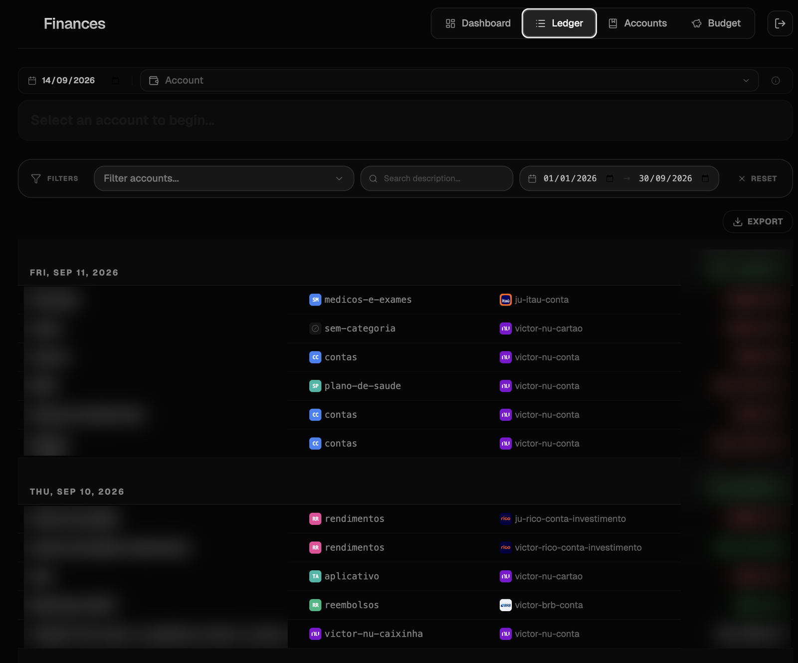 Ledger with daily running totals, categories and accounts