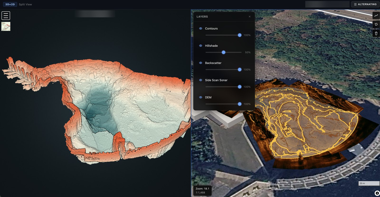 Nuvem de pontos batimétrica 3D ao lado de um mapa 2D com curvas de nível, hillshade, backscatter e sonar de varredura lateral