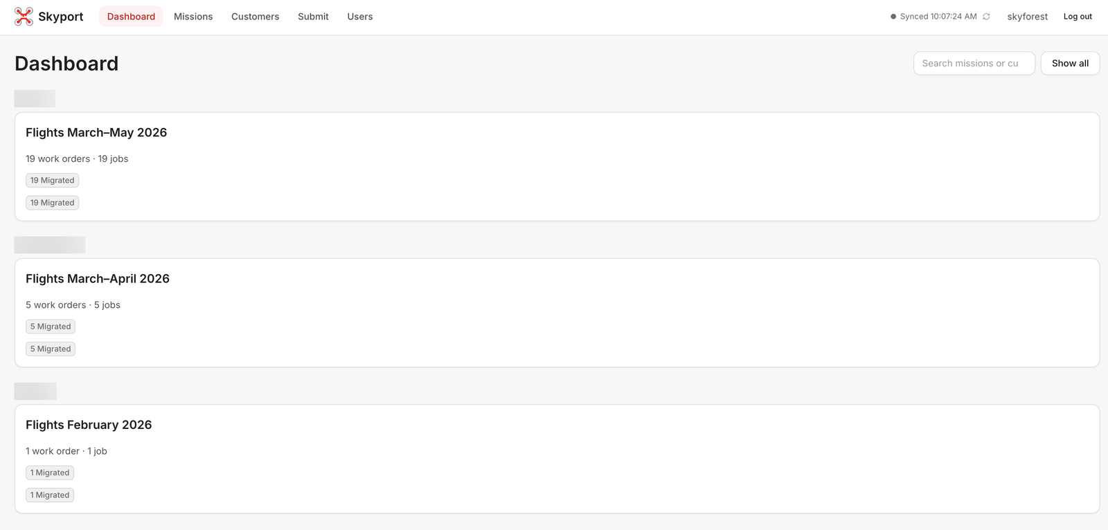 Dashboard agrupando missões e ordens de serviço por cliente