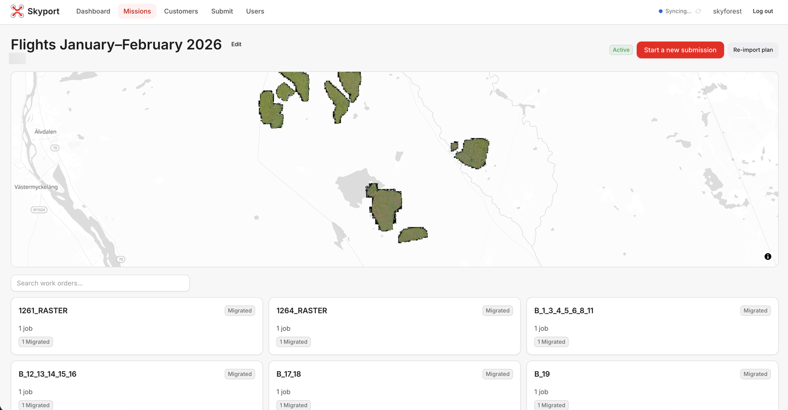 Vista de misión con la cobertura de vuelos procesados en un mapa MapLibre
