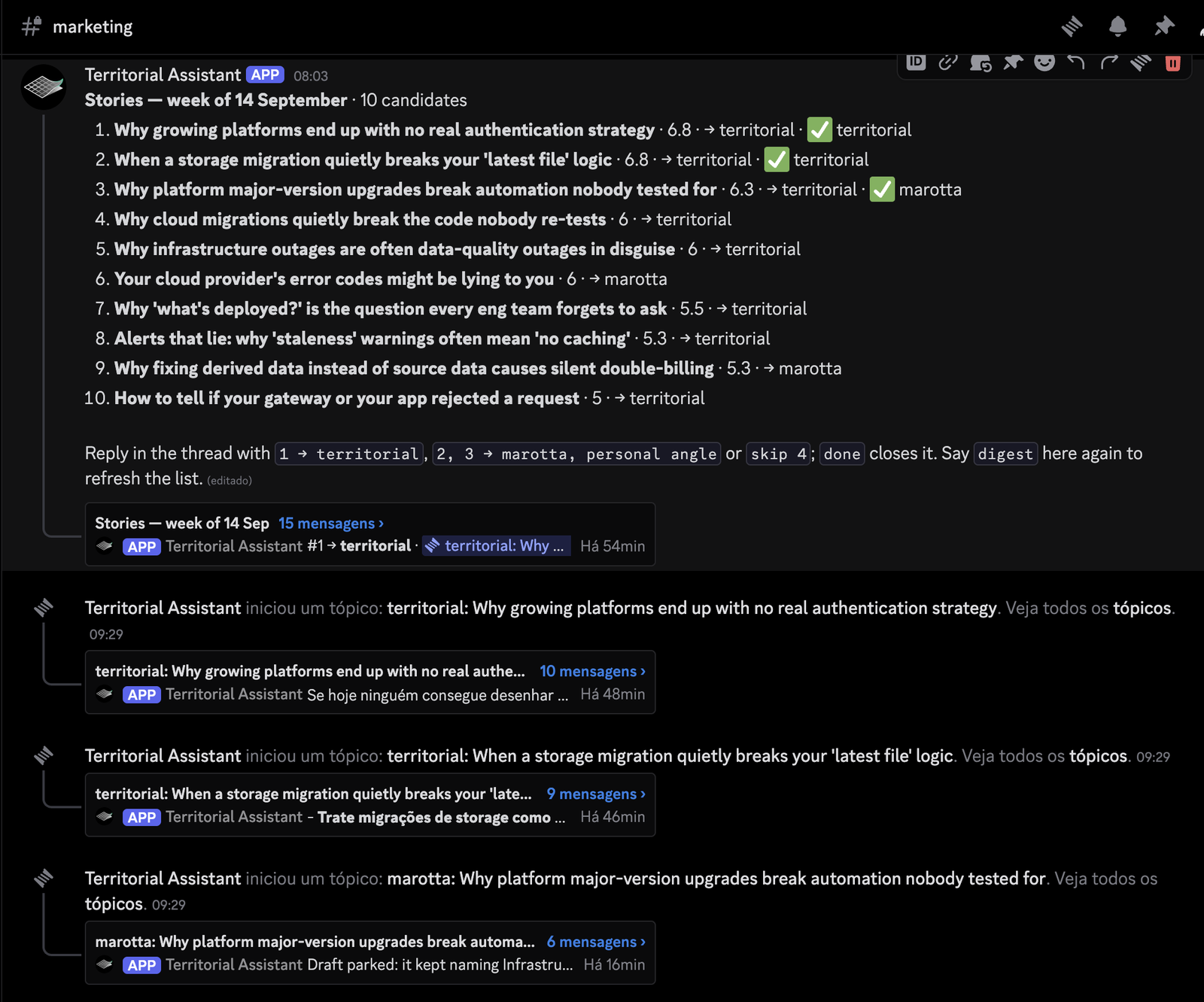 Weekly story digest from the marketing assistant with per-story threads