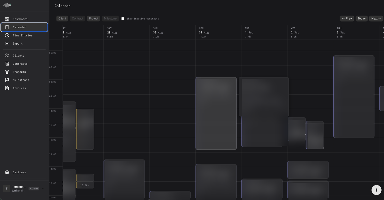Calendar time tracking with drag-to-create entries, filtered by client, project and milestone