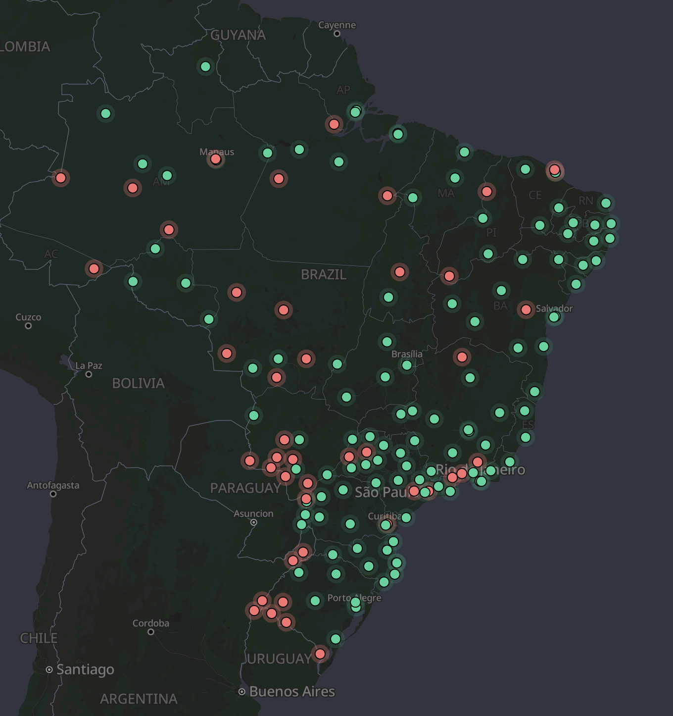 Map of RBMC stations across Brazil, colored by status